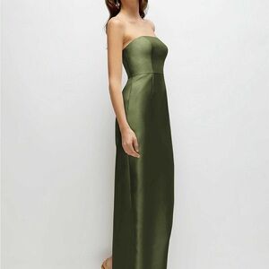 Dessy Strapless Satin Maxi Dress in olive NWT Back Slit